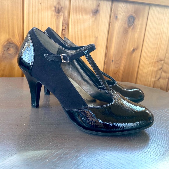 Black Suede & Leather T-Strap Heels - Picture 1 of 3